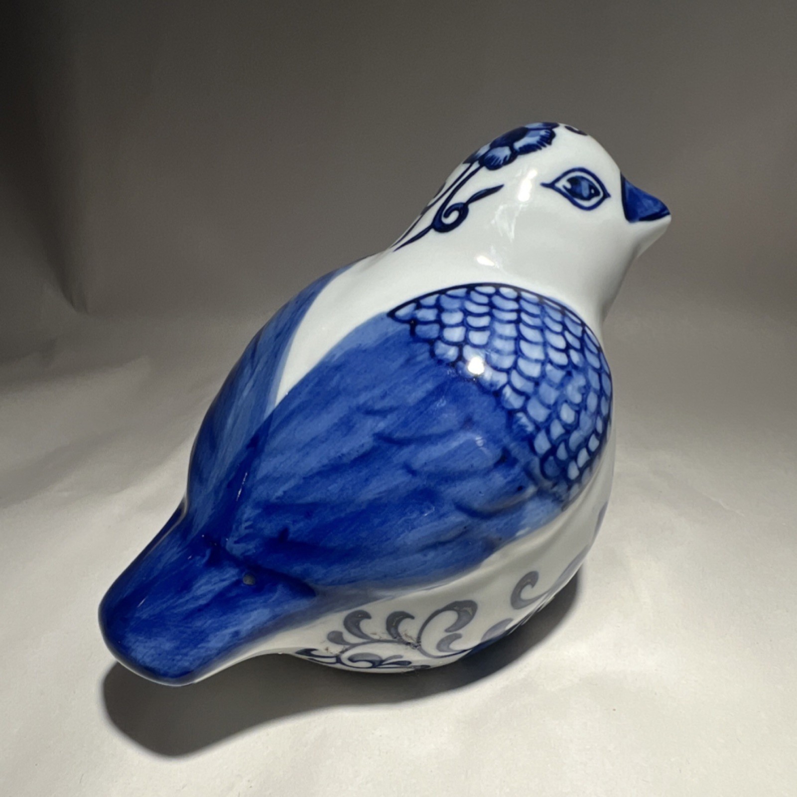 Blue White Ceramic Bird Figurine Floral Pattern Glossy Decorative Pottery