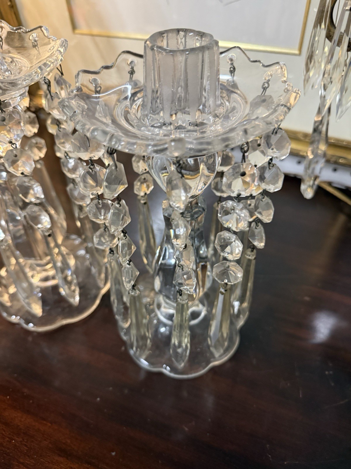 VTG. Ornate 1930’s Crystal Candle Sticks W/ Prisms Possible Heisey No Mark