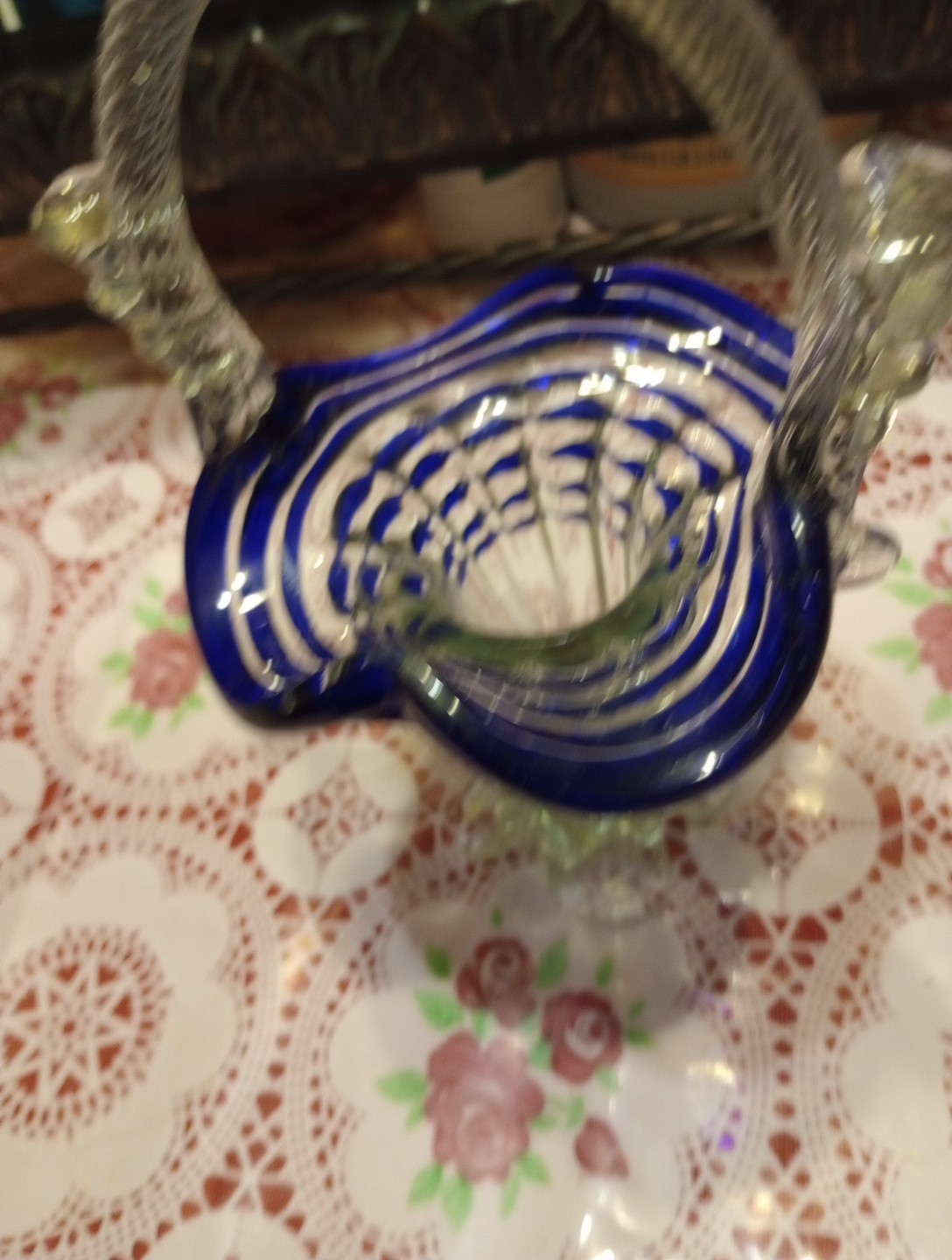 Murano Basket White And Blue Vintage
