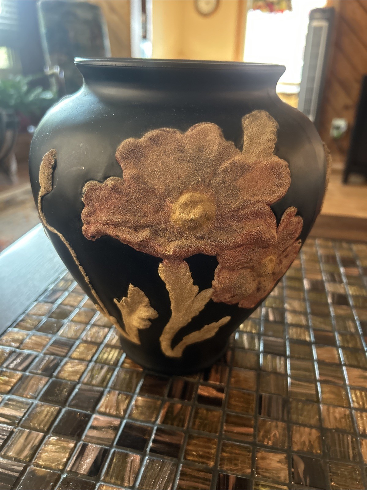 TIFFIN GLASS 1920’s Art Nouveau Black Satin Glass Pink Poppy Vase