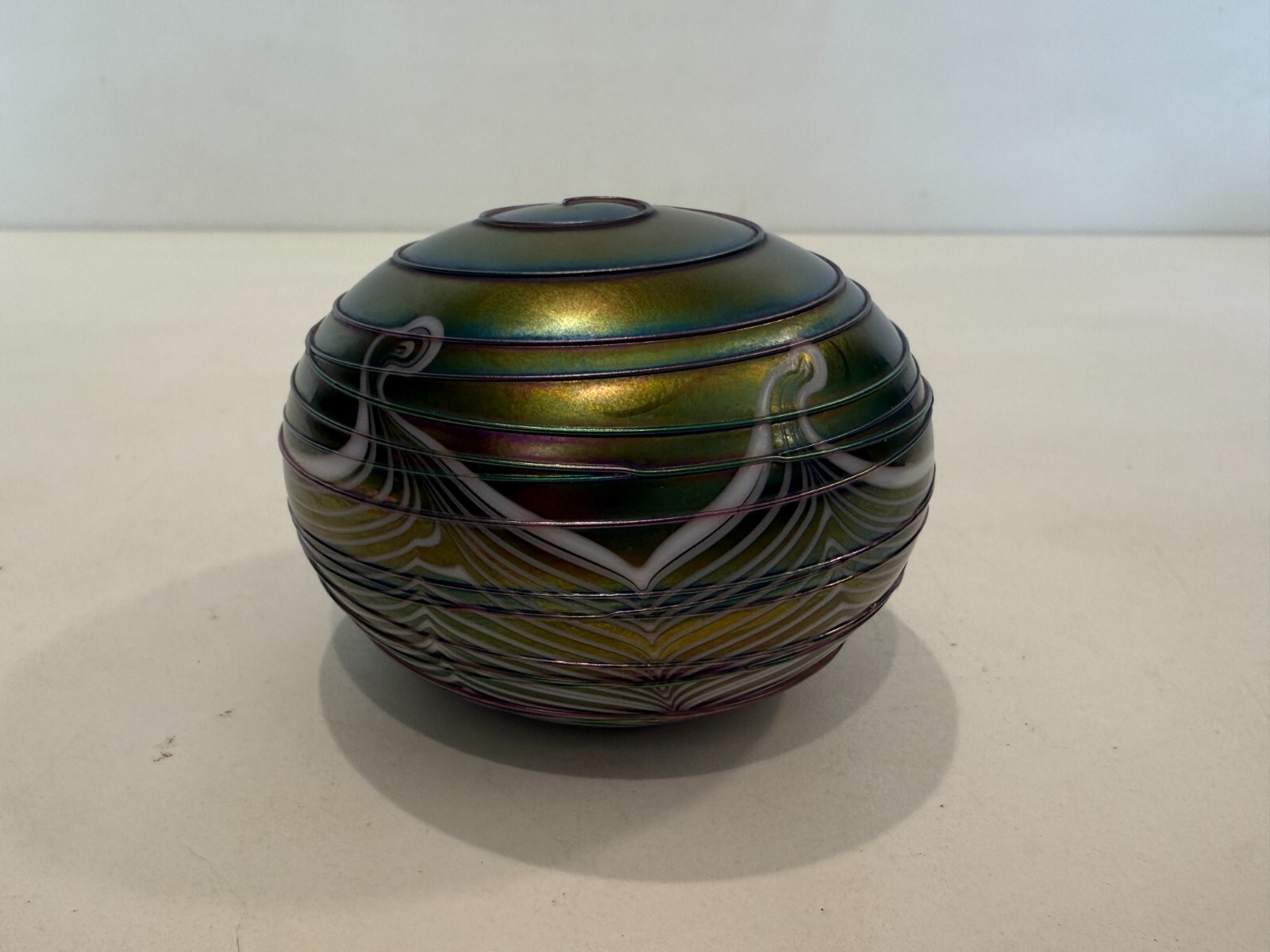 Terry Crider Art Glass Iridescent Threaded Pulled Feather Paperweight, Signed