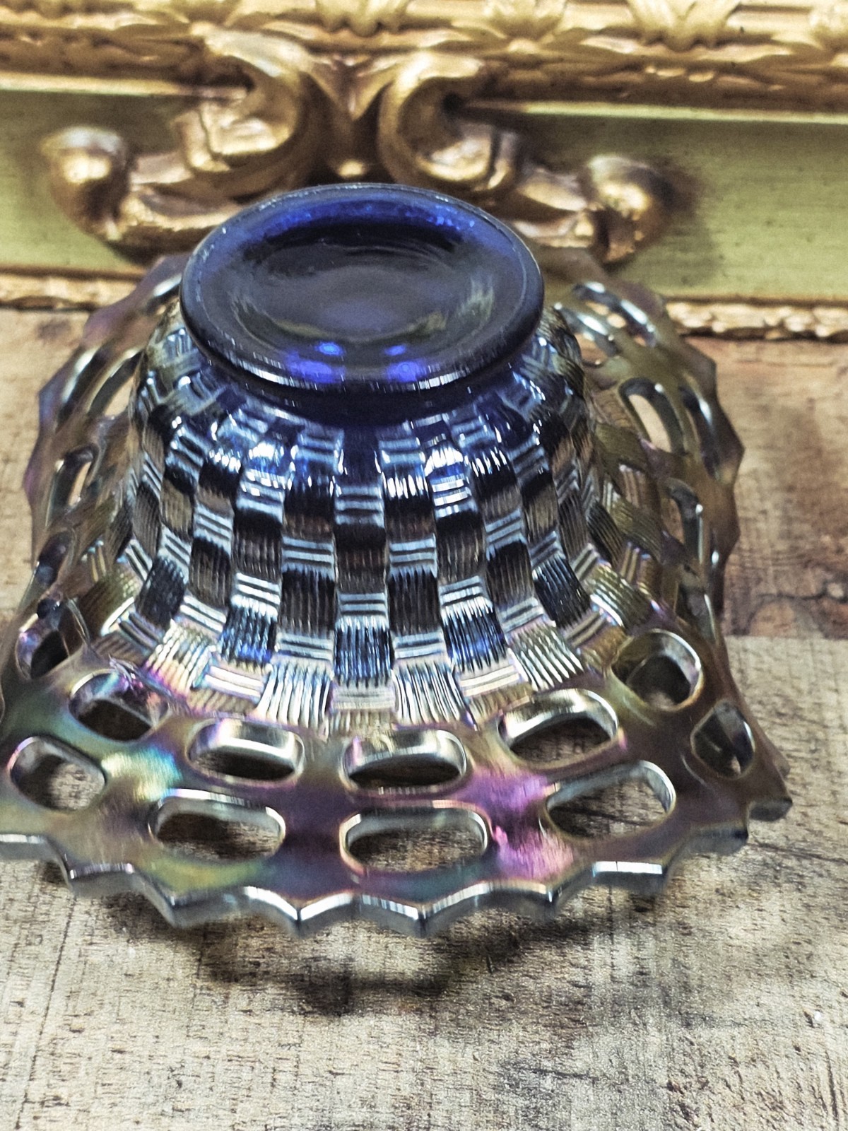 VTG Fenton Carnival Glass Basket Weave Dish Open Lace Cobalt Base