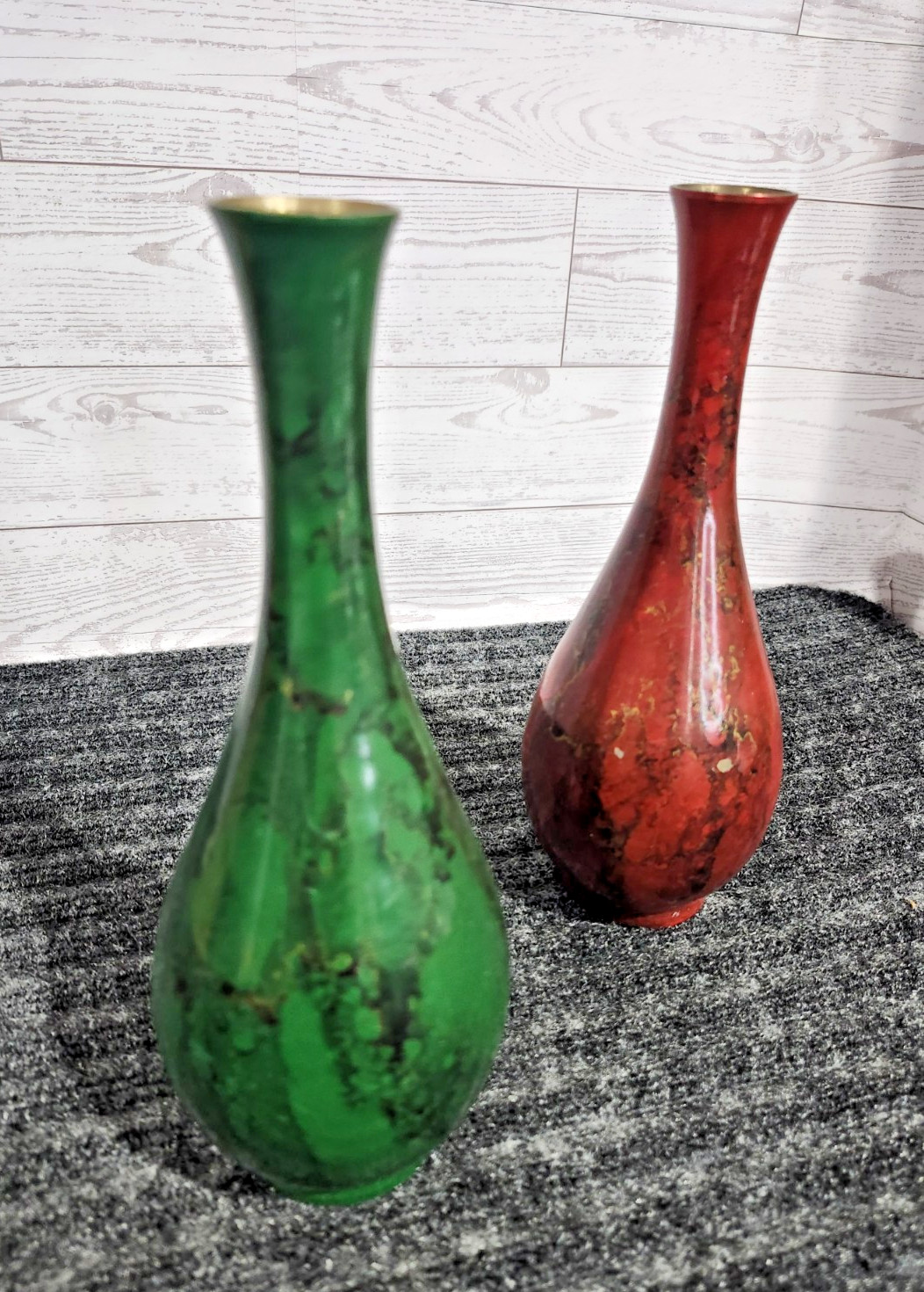 Vintage MCM Japanese Enamel Bud Vases Pair Red Green Gold Brass Cloisonne Style