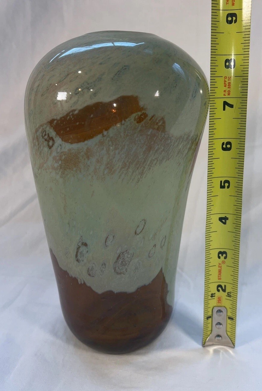VTG 1974 Handblown studio art glass vase signed dated M Sumerak Green Brown 8.5”