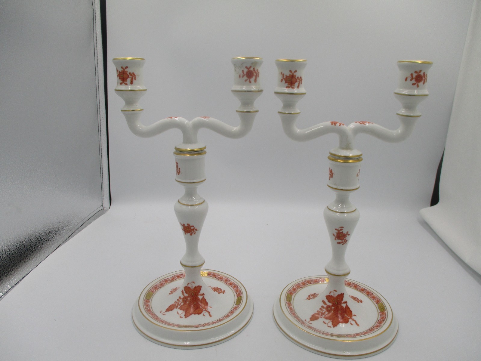 Pair Herend Chinese Bouquet Rust Candlesticks with Two Different Arm Styles