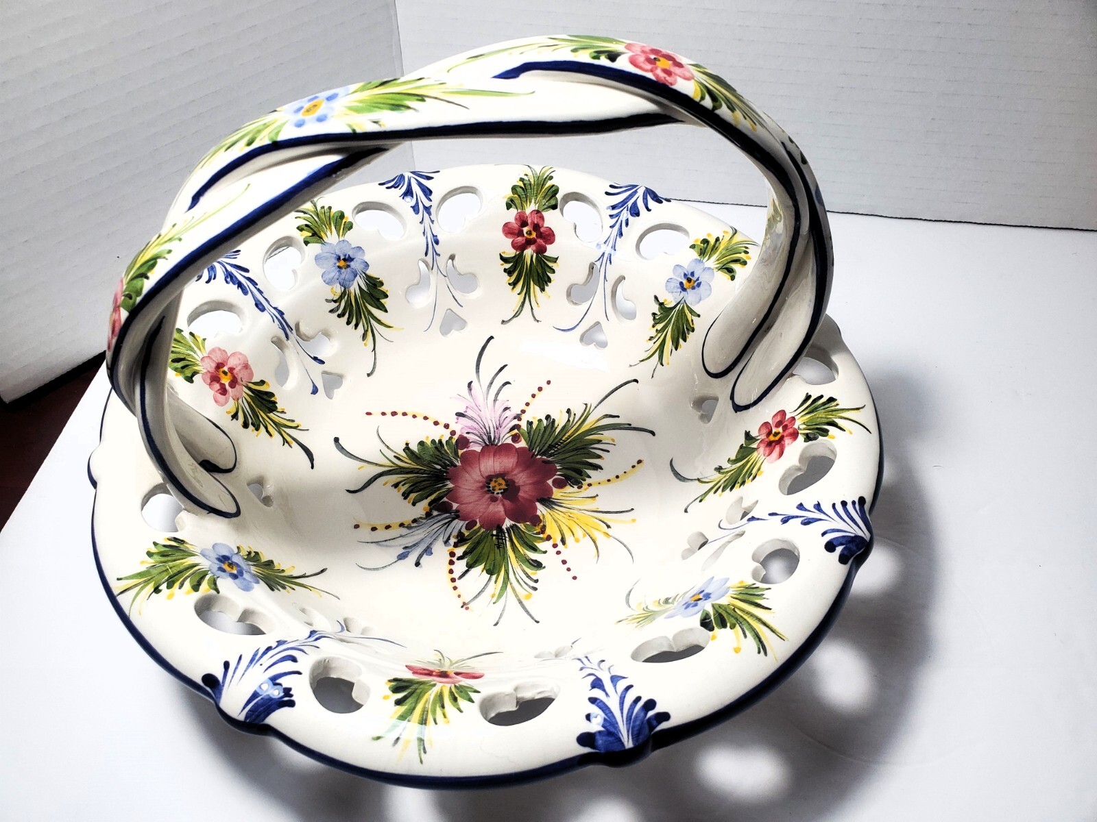 Floral Ceramic Hand Painted Fruit or Bread Basket Braided Handle RCCL Portugal