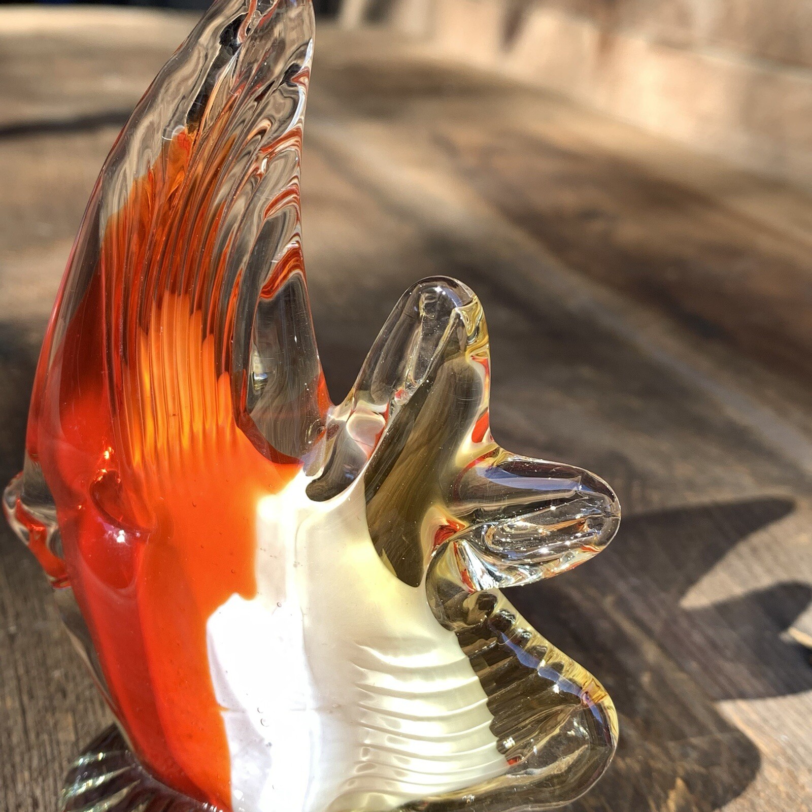 Art Glass Paperweight Tropical Angel Fish Red Orange White Clear 4.5” T