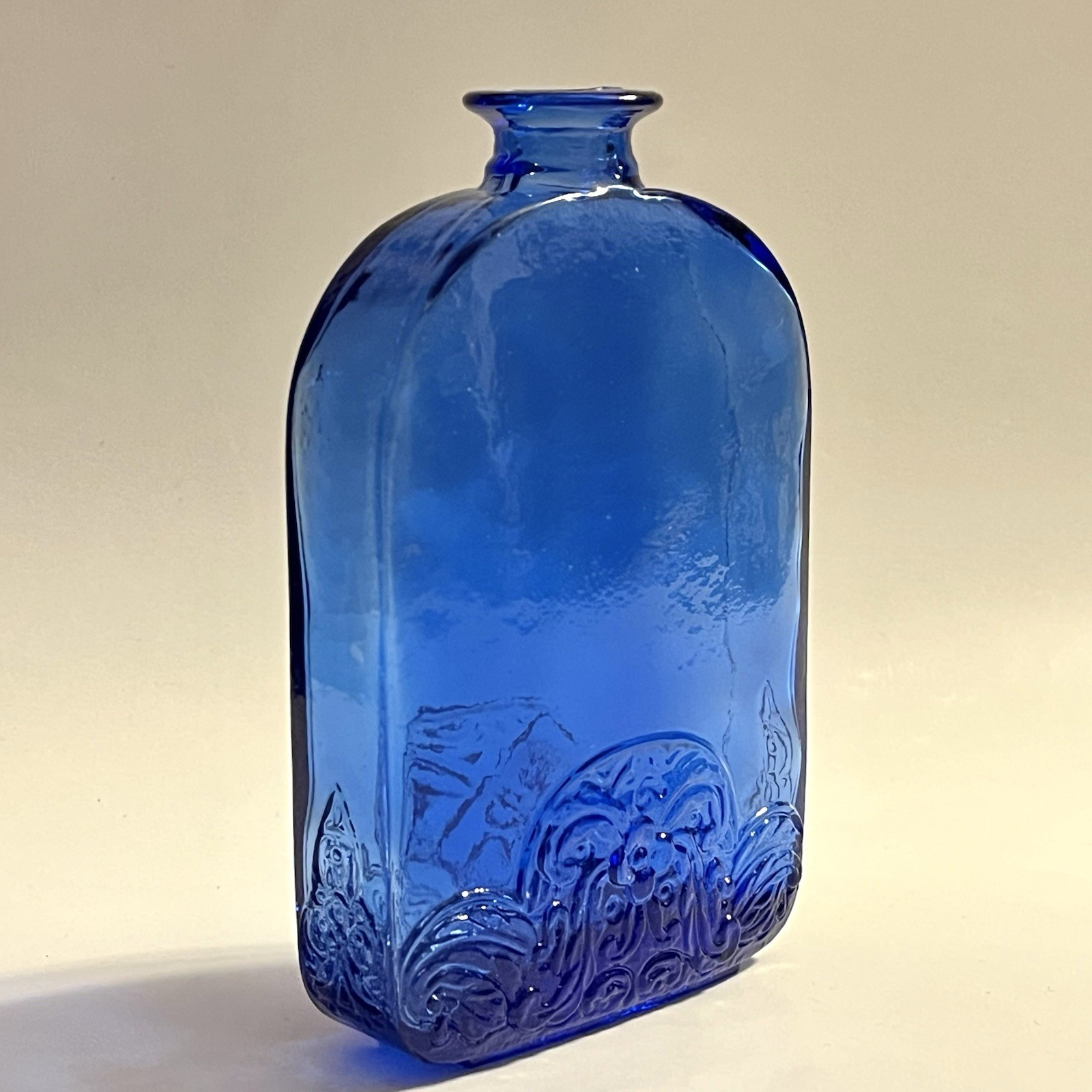 Vidrios de Levante Floral Embossed Cobalt Blue Recycled Glass Bottle SPAIN 5.5”H