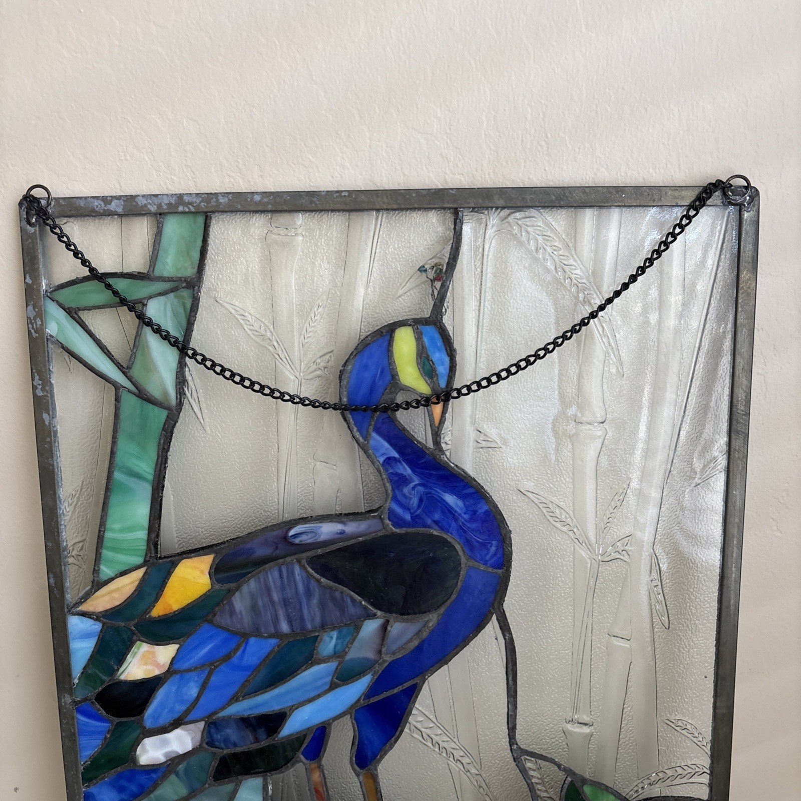 21″ x 13.5″ stained glass peacock flower bamboo window panel glass panel Framed