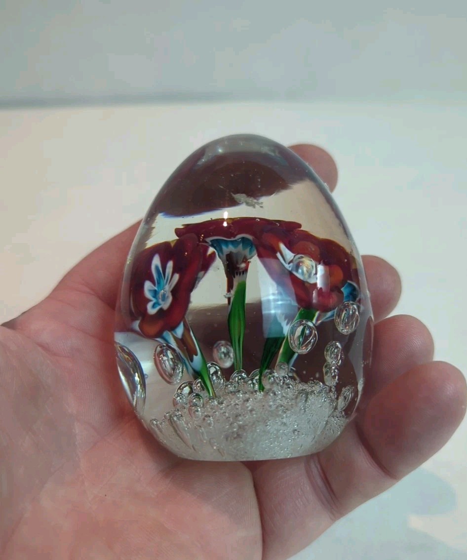 MURANO Glass PAPERWEIGHT EGG LAMPWORK FLOWERS Bubble’s Original Sticker Italy