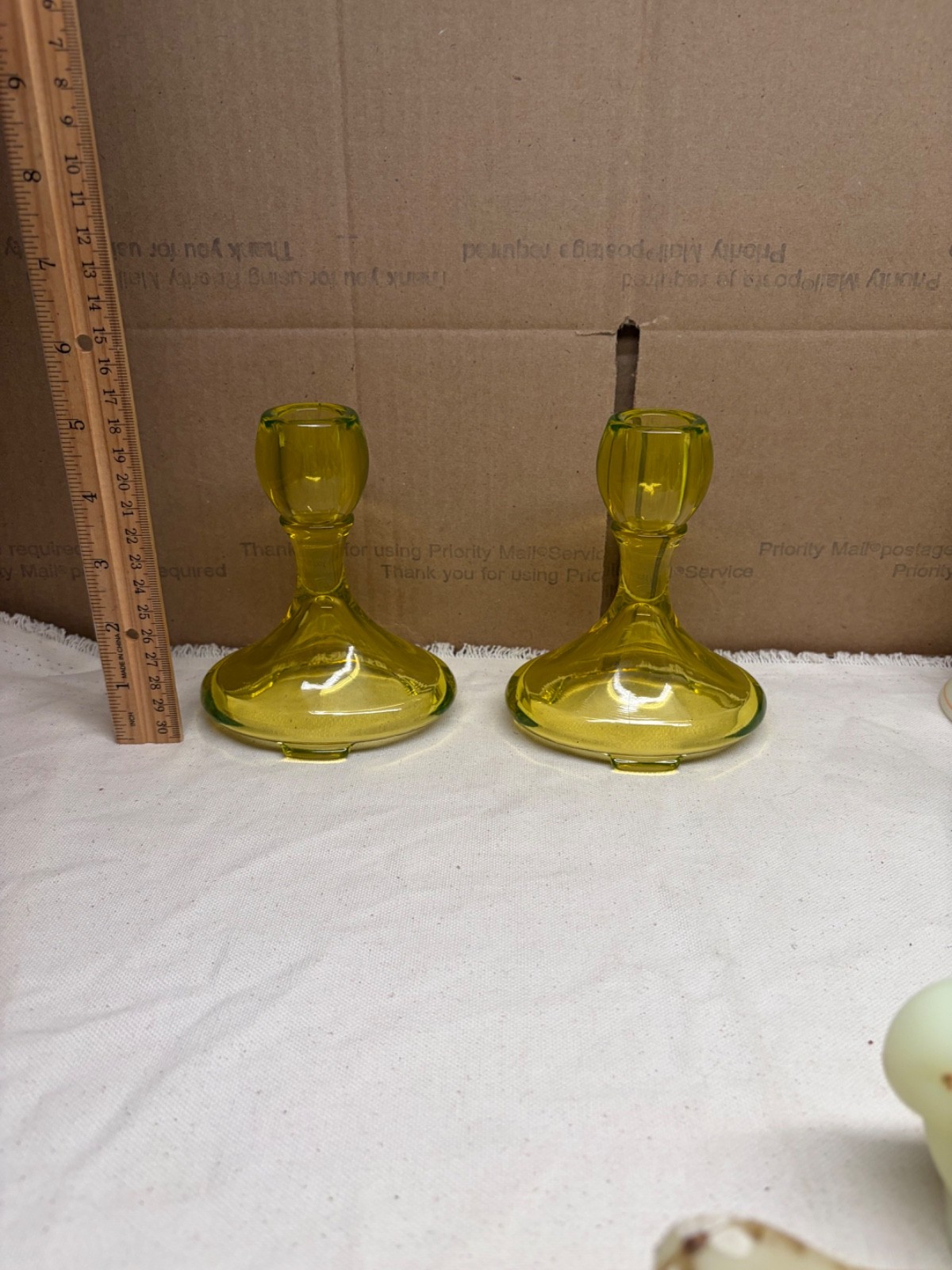 Vintage Fostoria candlestick pair URANIUM GLASS canary yellow vaseline