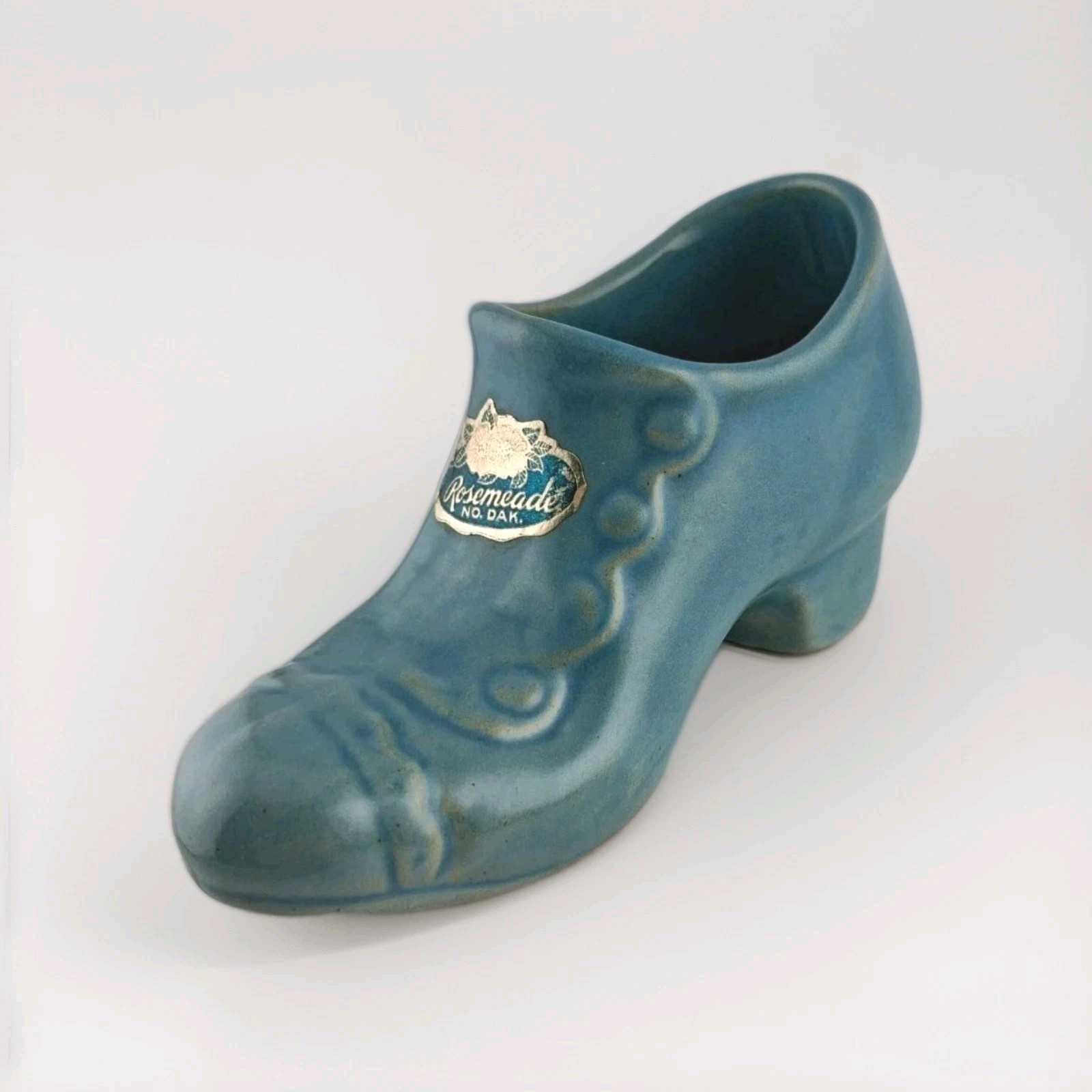 Vtg Rosemeade No. Dakota Pottery Women’s Button Shoe Figurine Blue Trinket Decor