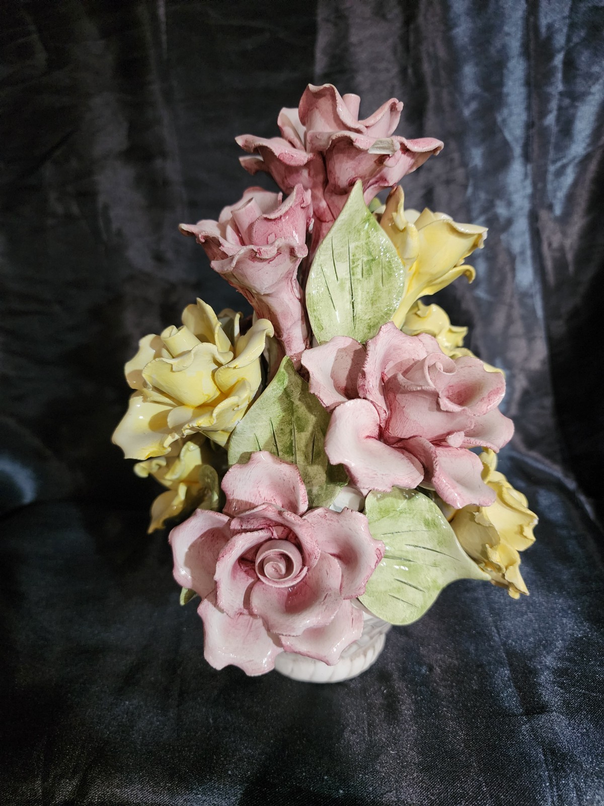 Vintage Italian Nuova Capodimonte Porcelain Flowers In Basket Weave Pot