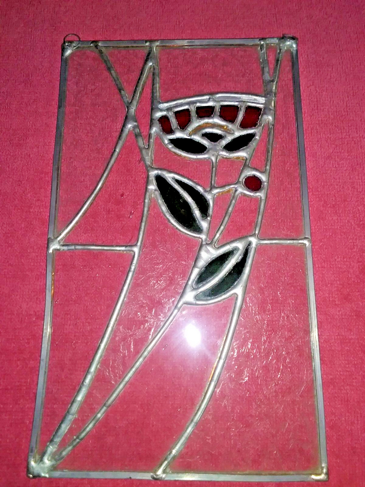 Abstract Rose Leaded and Etched Stained Glass Panel 10 x 6 inches