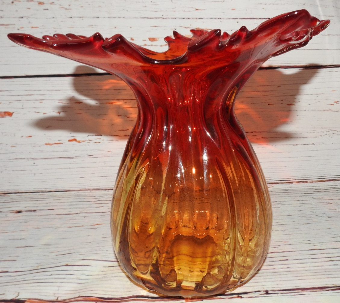 mcm Vintage Amberina Murano Glass Flame Art Vase 8″ Bottom, 10″ top, 8-3/4″ tall
