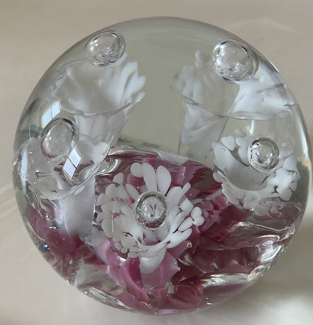 Elwood Pink White Trumpet Flowers Controlled Bubble Art Glass Paperweight AS IS
