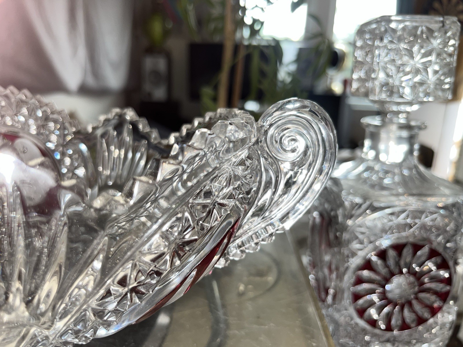 VINTAGE HOFBAUER BYRDES LEAD CRYSTAL RUBY RED LARGE BOWL 11x7x5 HANDLES