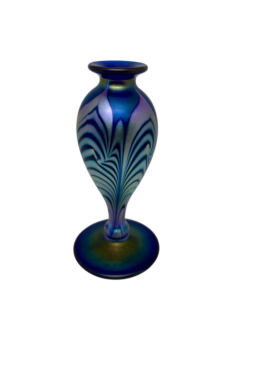 Vintage Stueben Style Pulled Feather Small Vase, Iridescent Art Glass