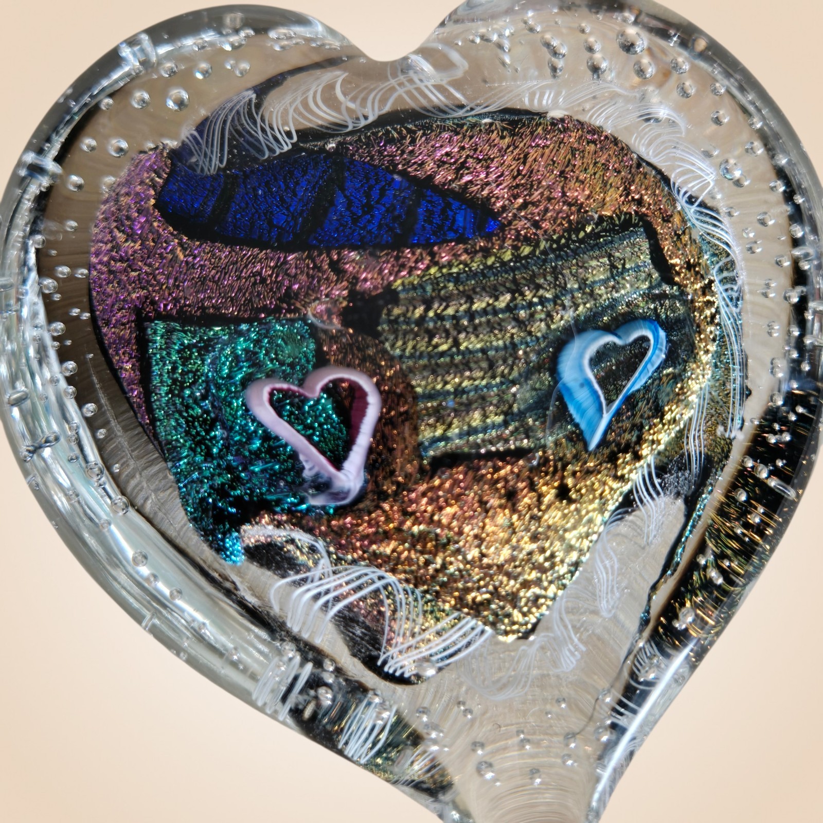 Randy Strong Paperweight Dichroic Metal Flake Puff Heart Art Glass 3.25″