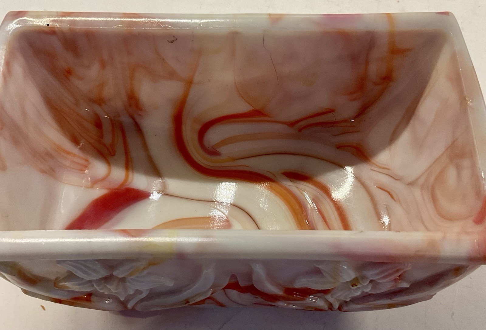 Vintage 1930’s Akro Agate Daffodil Orange White Slag Glass Planter #657