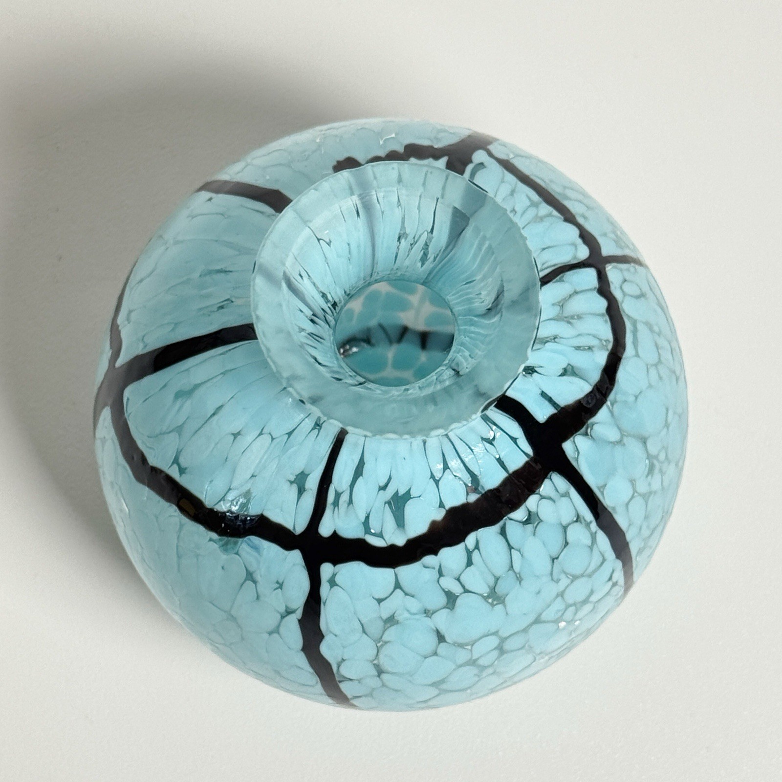 Vintage Hand Blown Art Glass Bud Vase Turquoise Blue Black Webbed Pattern 4″