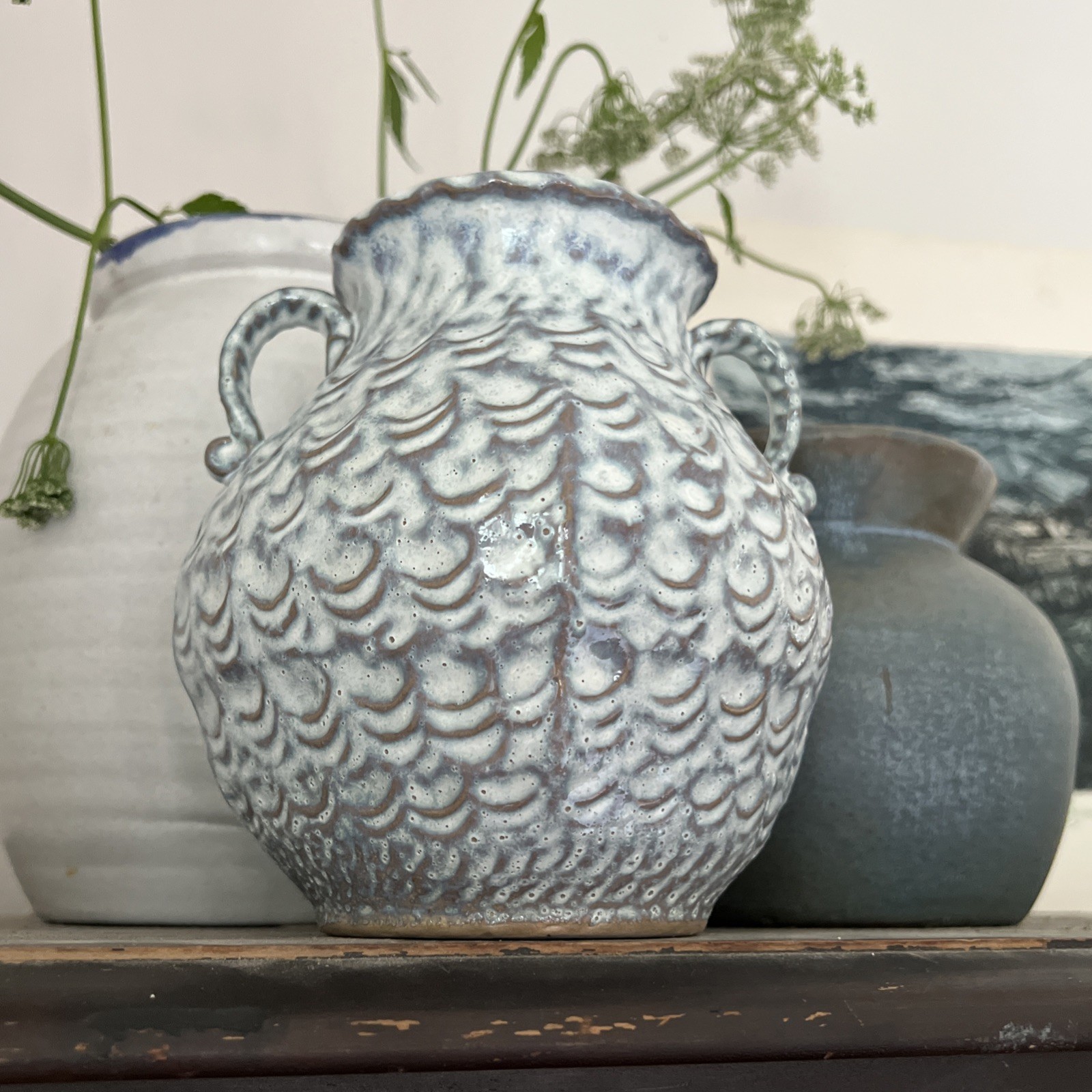Studio Pottery Vase Thumbprint Fish Scale Texture Blue White Handles