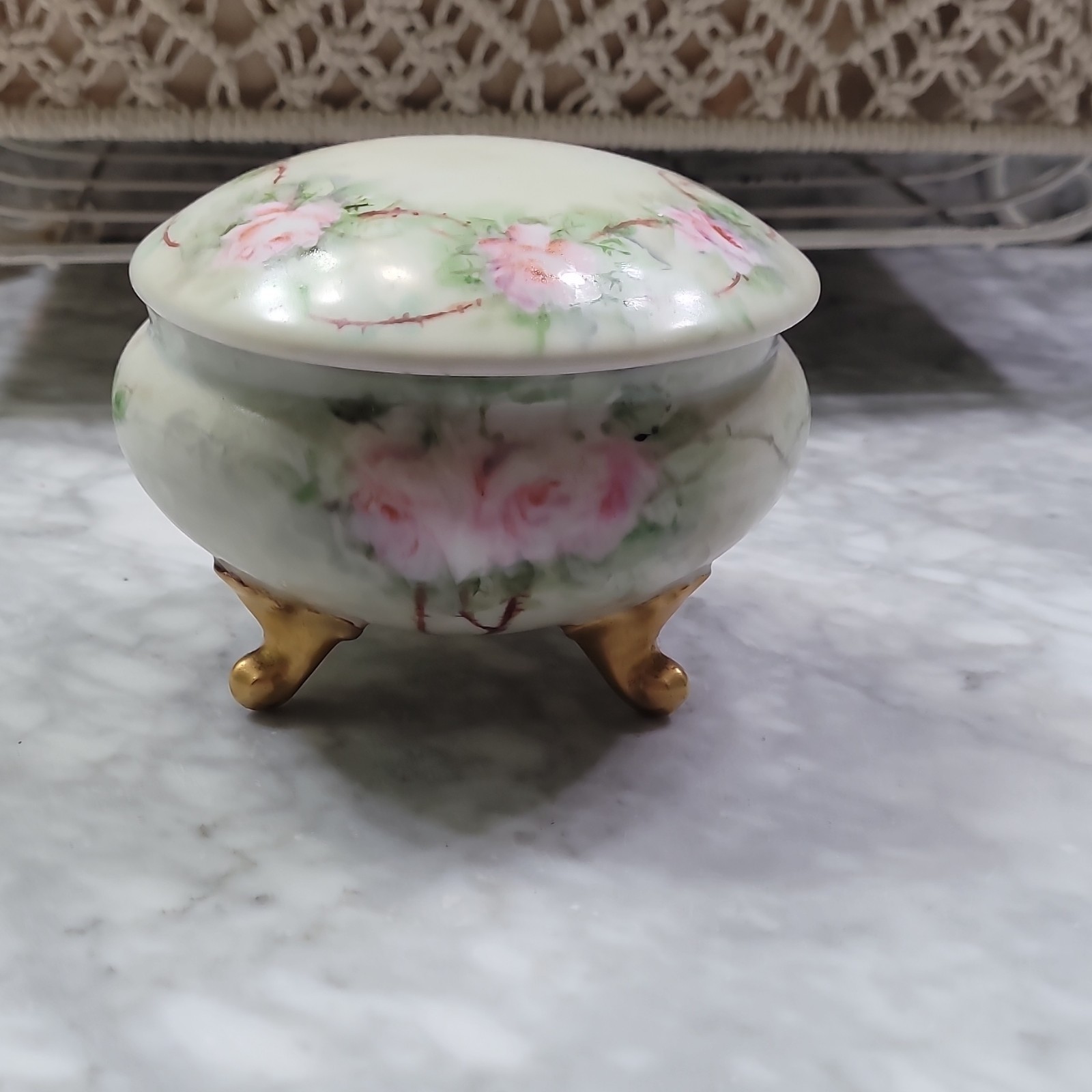Set of Bavaria Porcelain Floral Lidded Trinket Box and Hair Receiver