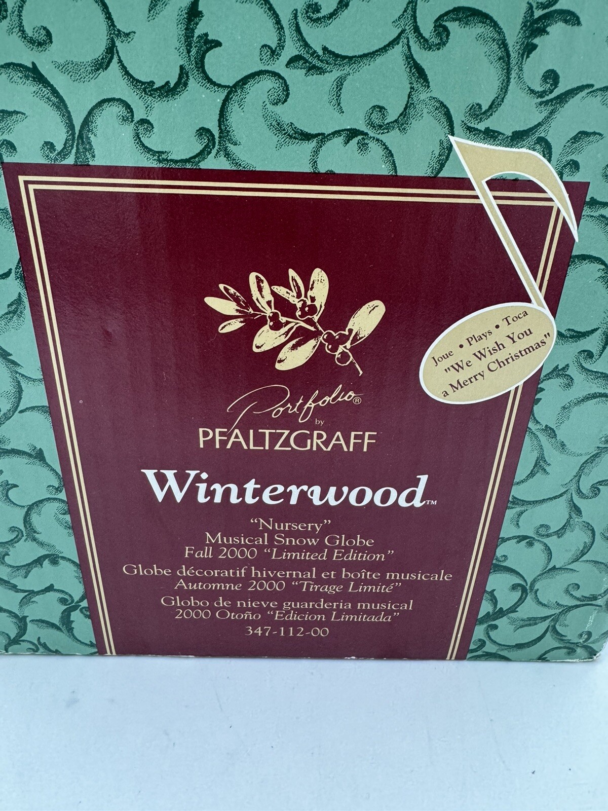 Pfaltzgraff Winterwood Nursery 2000 Snow Globe Music Box In Box Slight Discolor