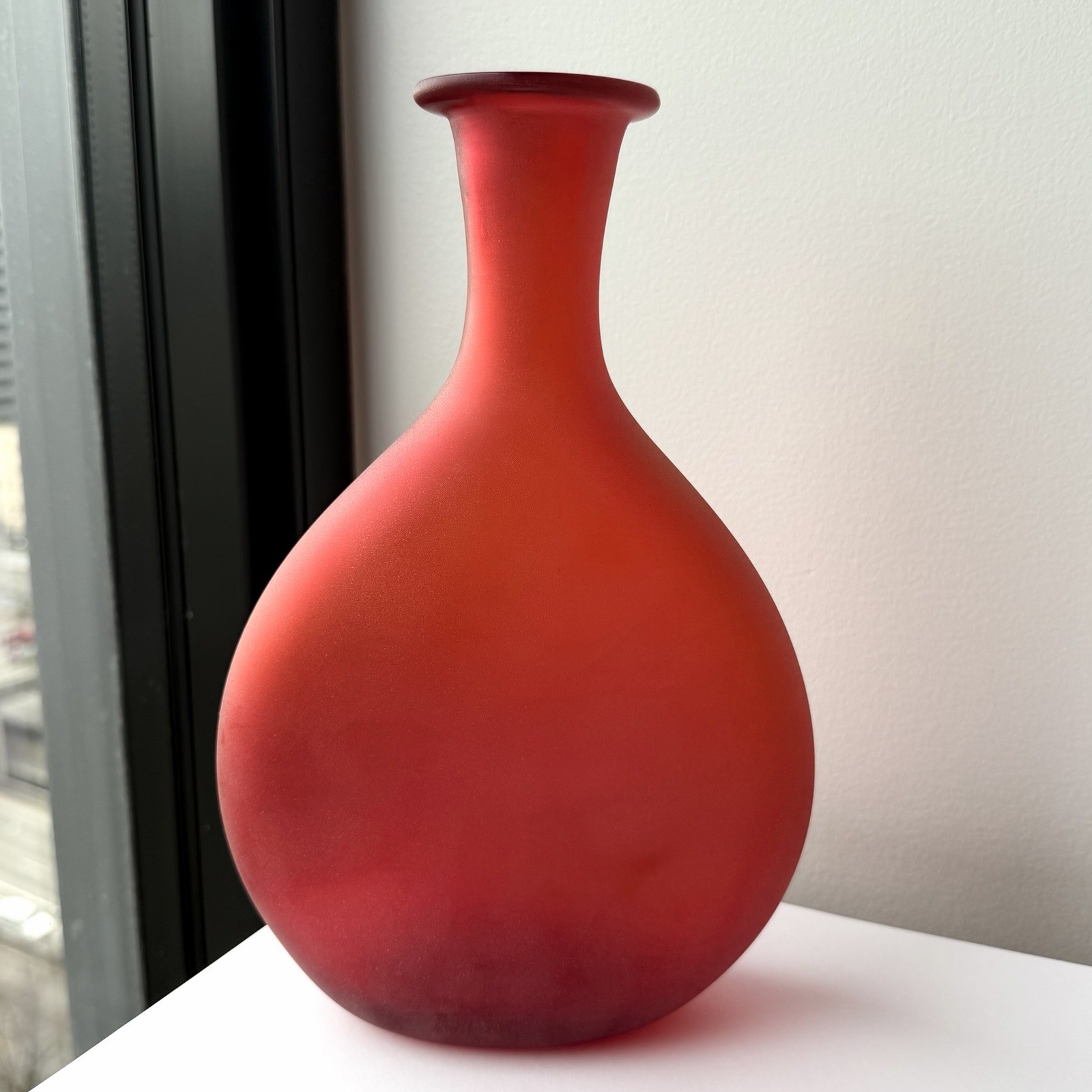 MCM 1950s Murano Glsss Satinato Ruby Red Bottle Vase Italy 9 1/2″