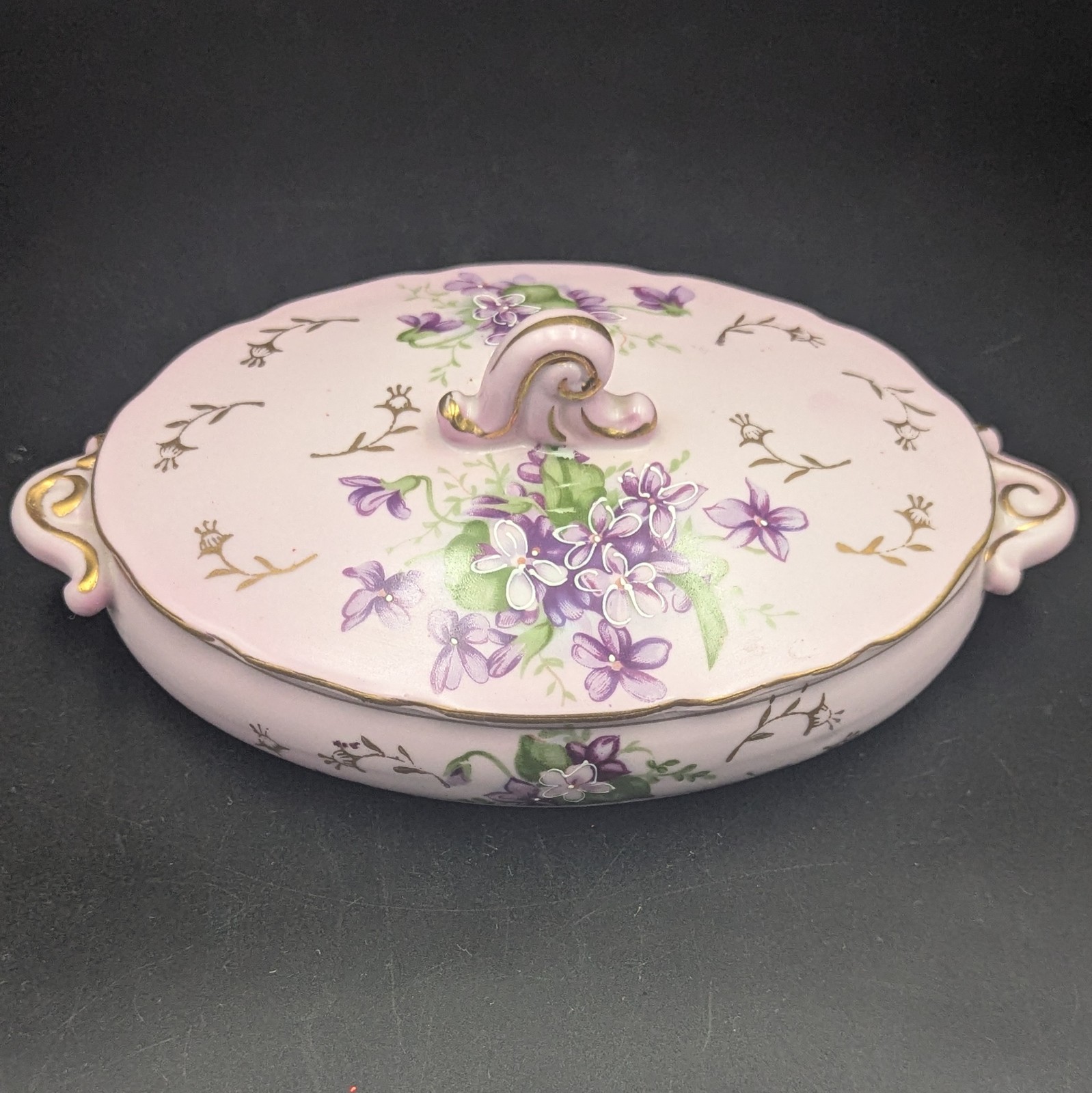 Vintage Porcelain Hand Painted Pink Covered Oval Dish Purple Flowers Violets Lid
