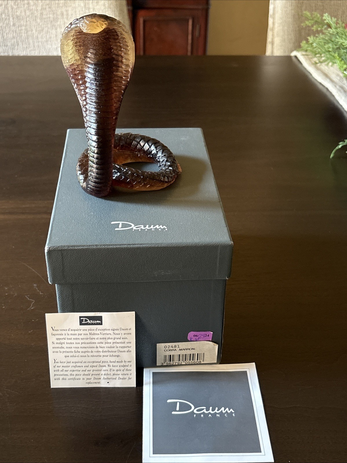 DAUM PATE DE VERRE COBRA SNAKE AMBER 5 inH x 3.5 in W-MINT with Orig Box