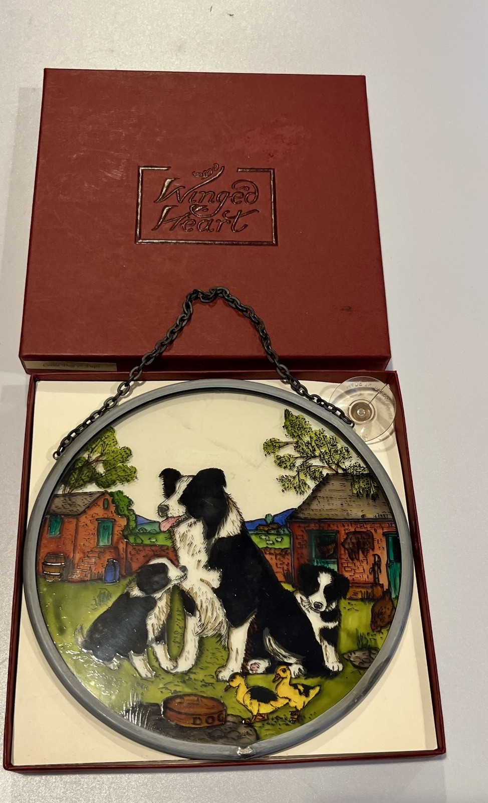 Winged Heart Glass Suncatcher w/Pewter Frame Collie Dog w/Pups Scotland Cumbria