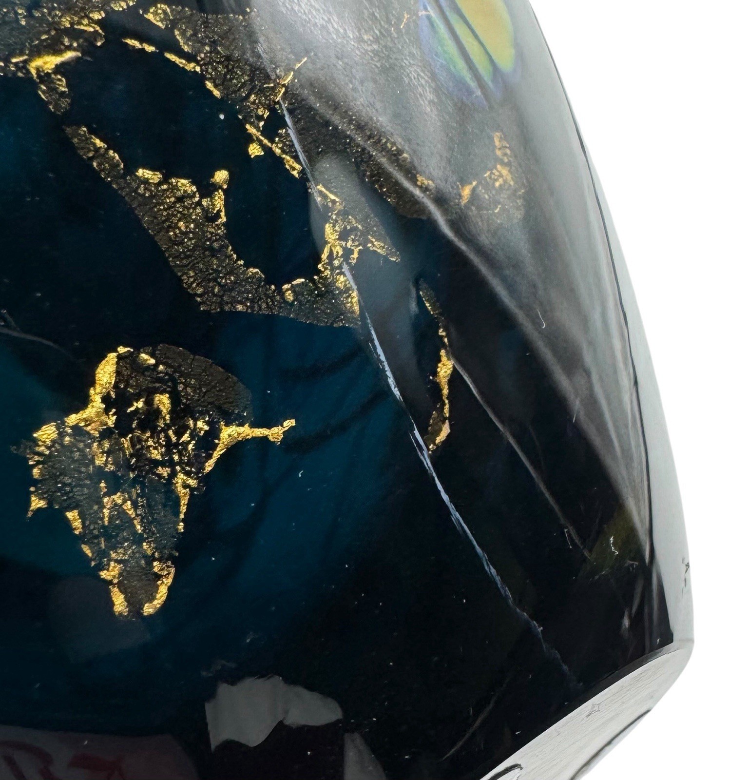 Signed Tim Lazer Art Glass Vase Gold Teal Aqua Blue Gold Black Luster 1994 9.25”