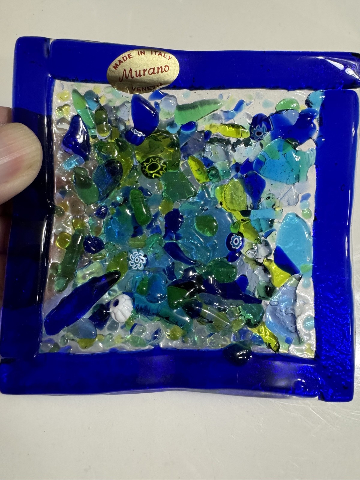 Murano Venetia Hand Fused Millefiori Blue Art Glass Candy Trinket Dish Square