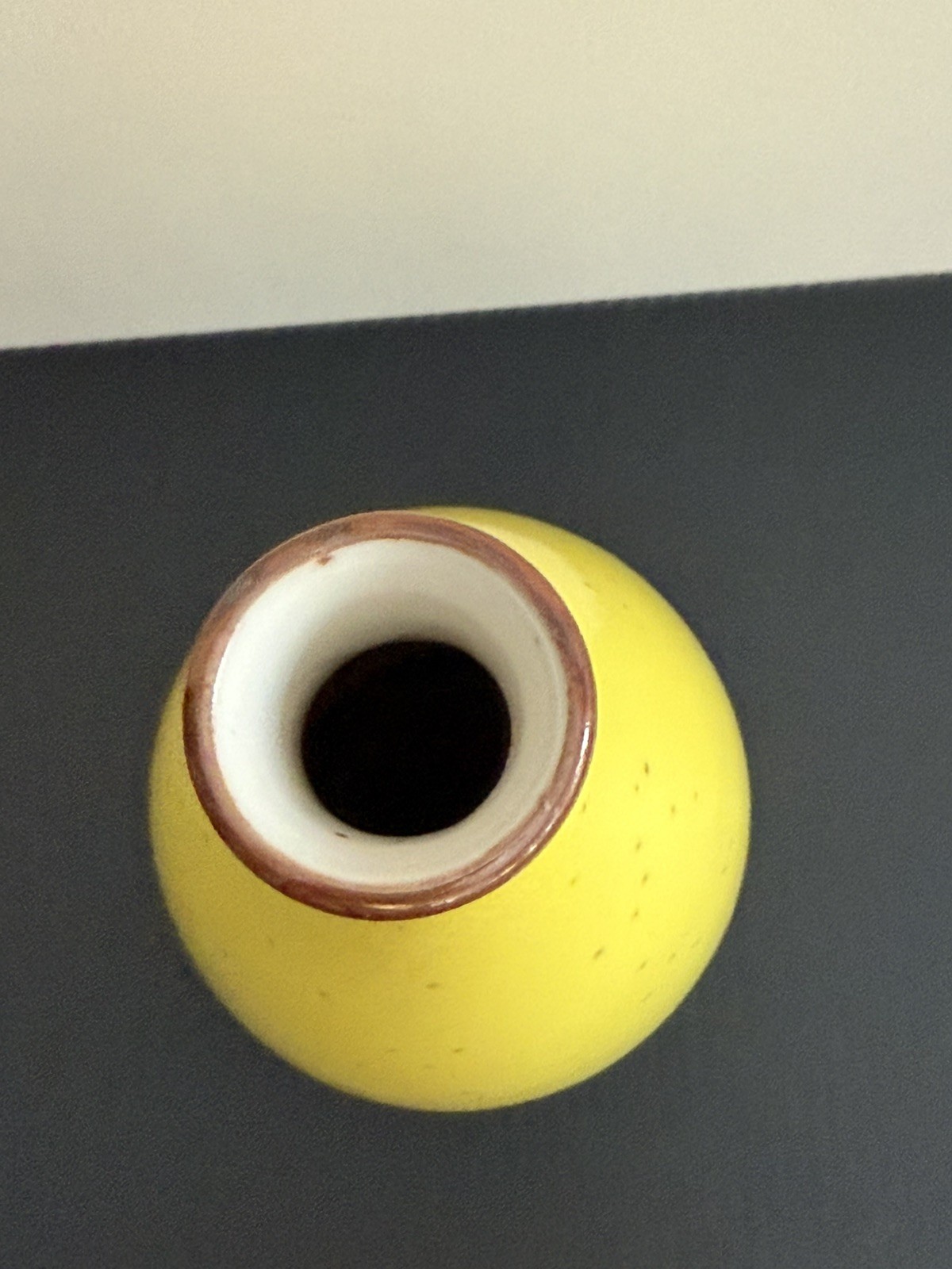 Yellow Speckled Brown Rim Ceramic Vase Vintage