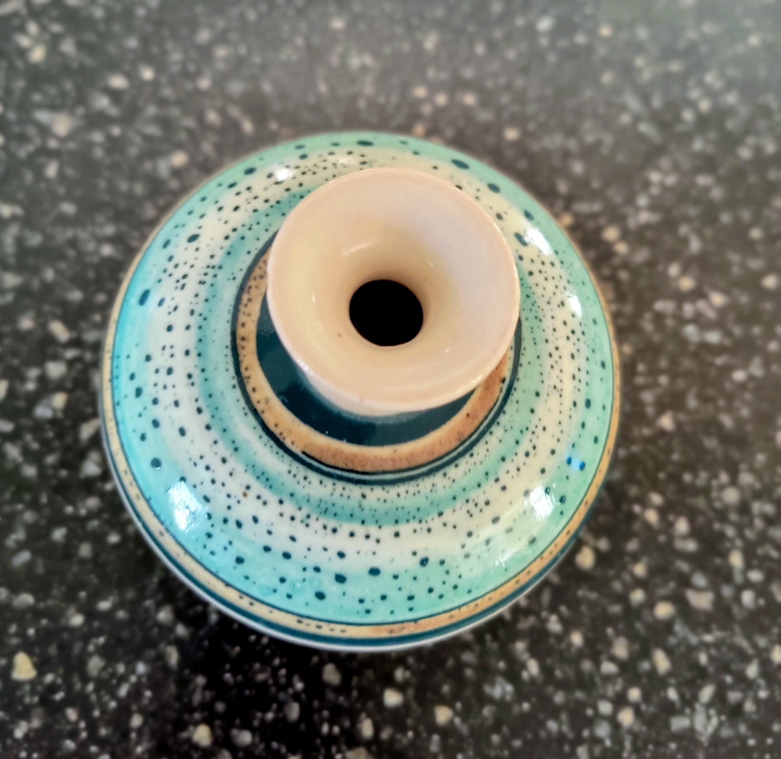 VTG Studio Ceramic Pottery Spot Bud Vase 5”T Cream 5” Aqua Swirl Diameter