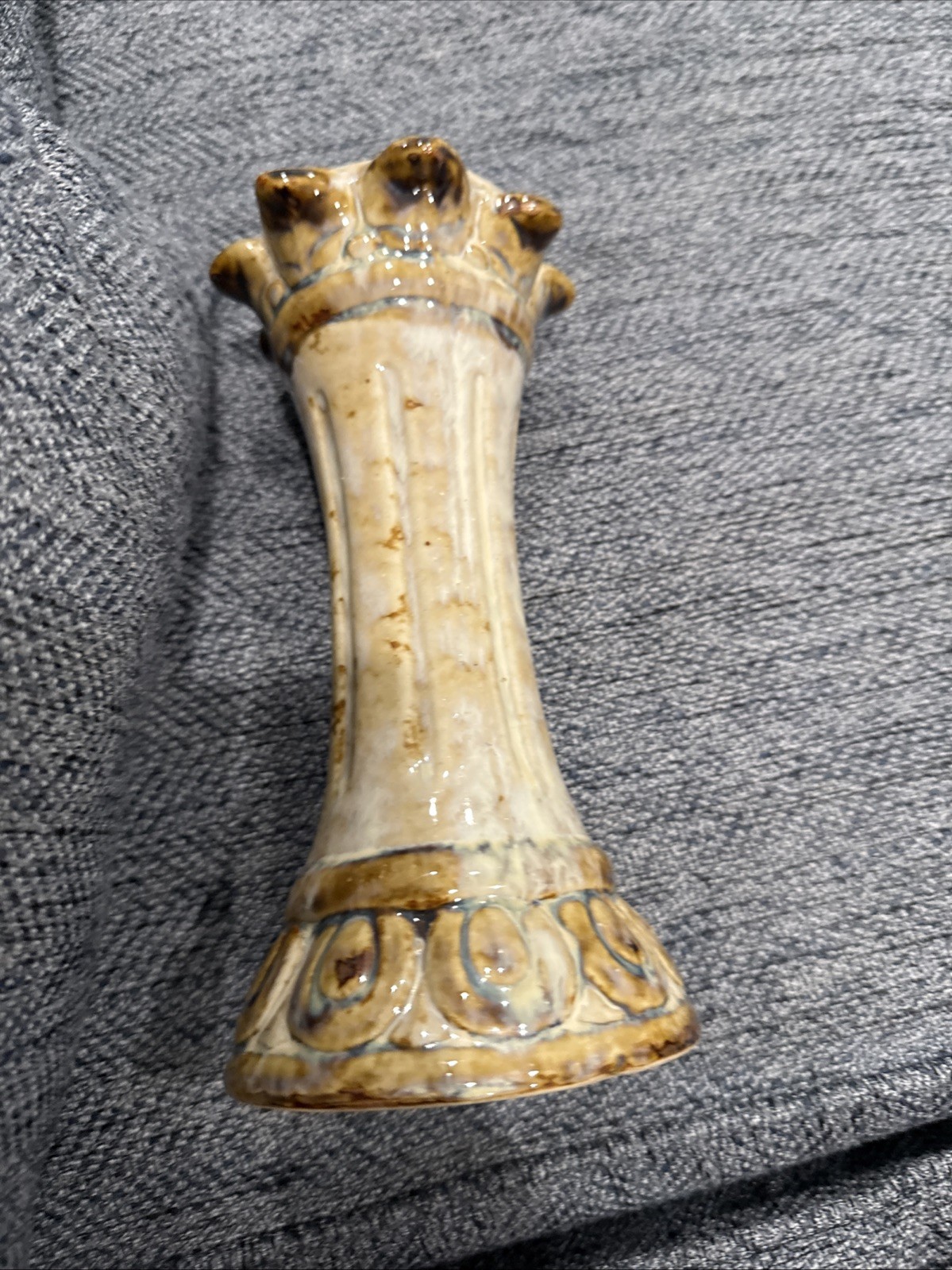 Vintage Studio Art Pottery Pedestal Vase Brown Cream Drip Glaze Hand Signed