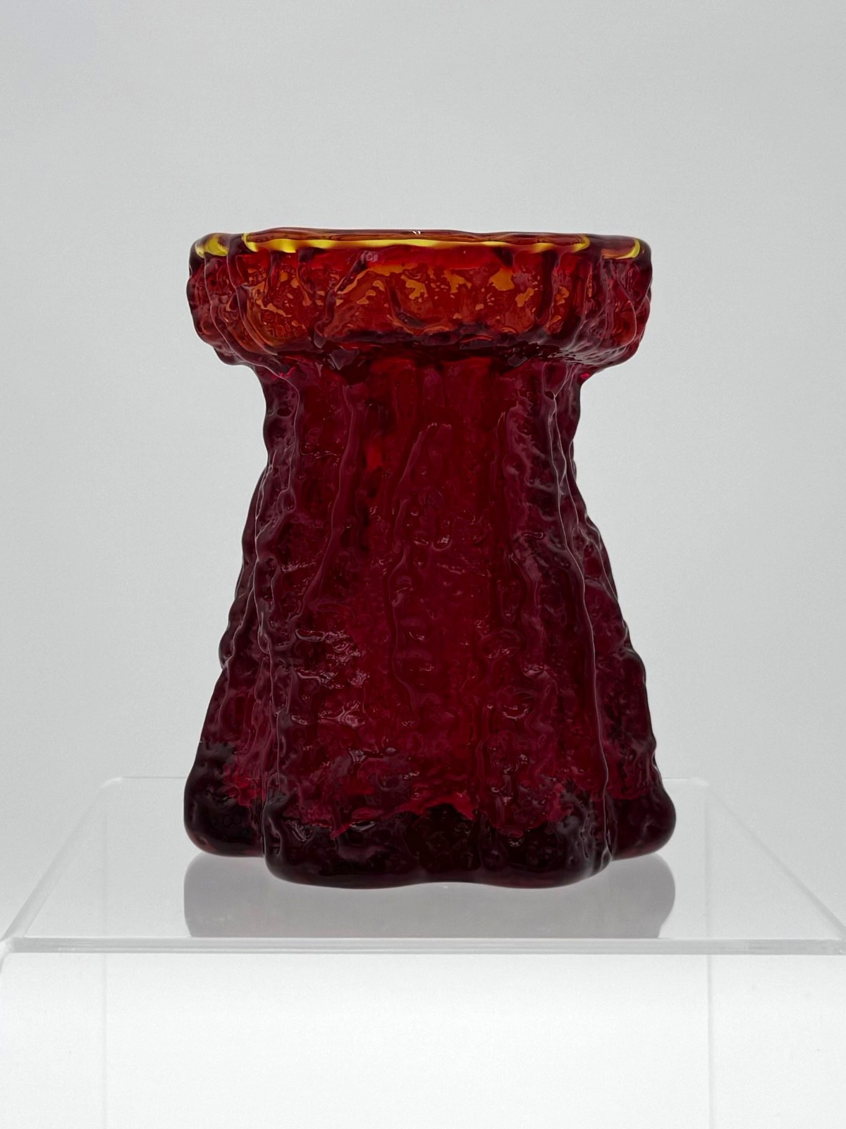 4.625″ Ruby Red Viking Glass Pillar Candle Holder #7351 Tree Trunk Bark Texture