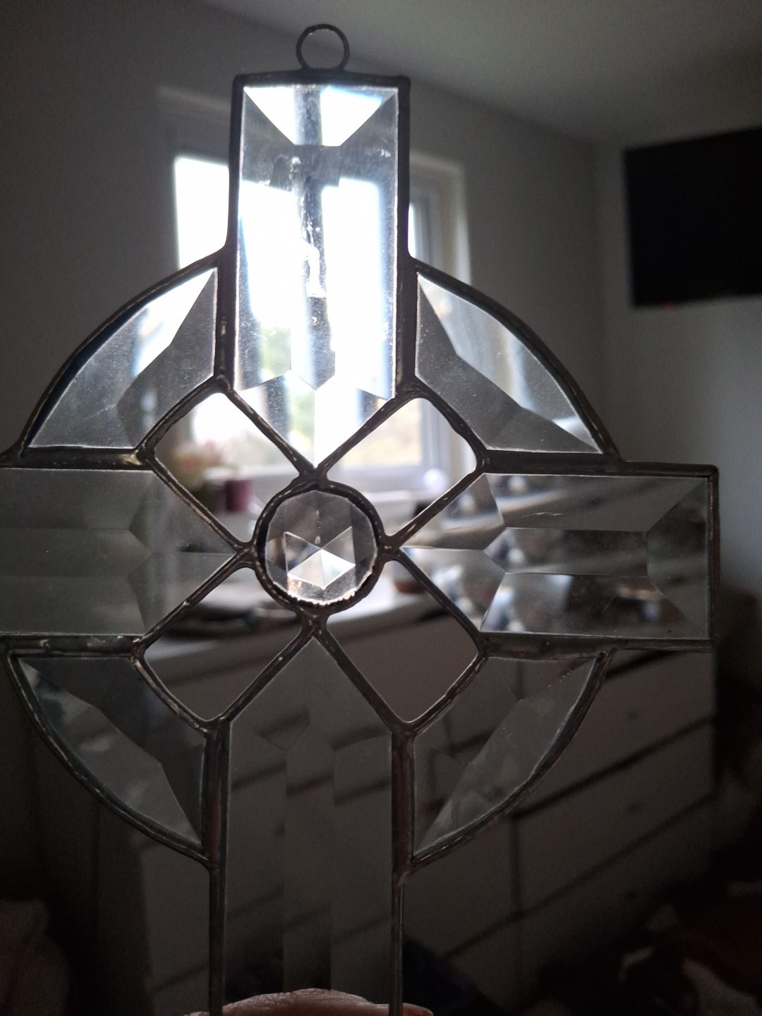 9″Christian Cross Window Suncatcher Clear Beveled Glass Leaded Prism Center 🎁