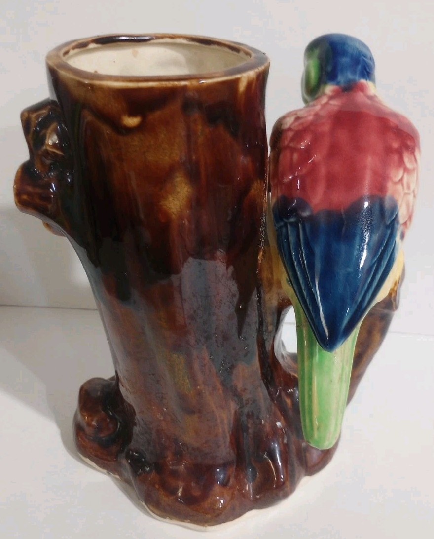 Vintage Figural Bird Flowering Tree Branch Large Majolica Pottery Vase – Japan