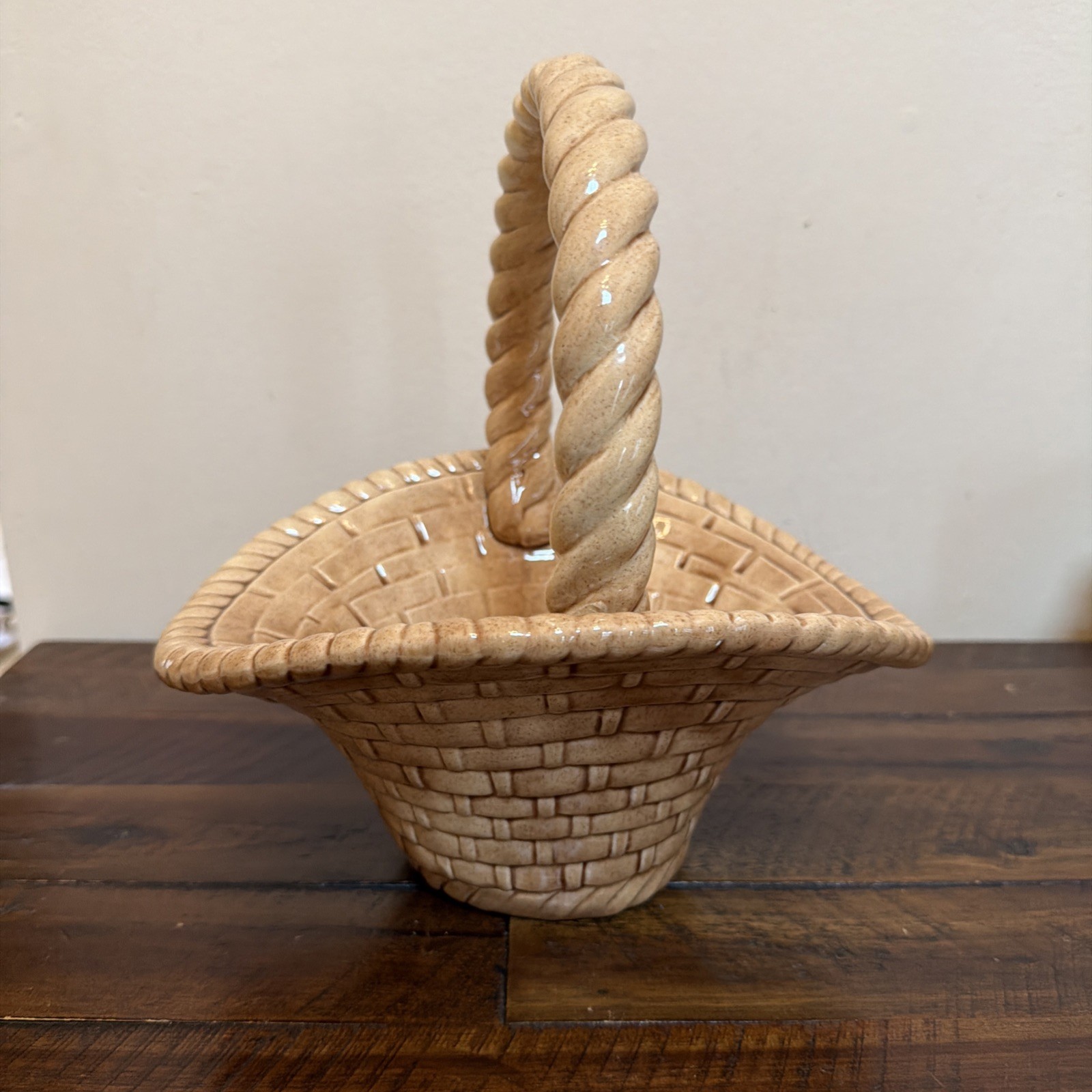 Vintage Handmade Ceramic Brown WOVEN BASKET WITH HANDLE. Signed EB