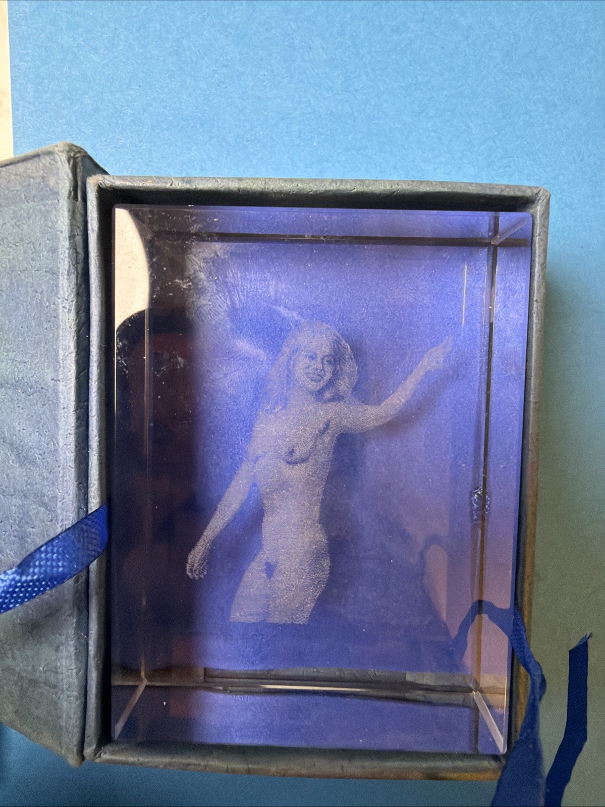 Risque Vintage Crystal GLASS PAPERWEIGHT Nude Lady Pinup Novelty Laser Etched