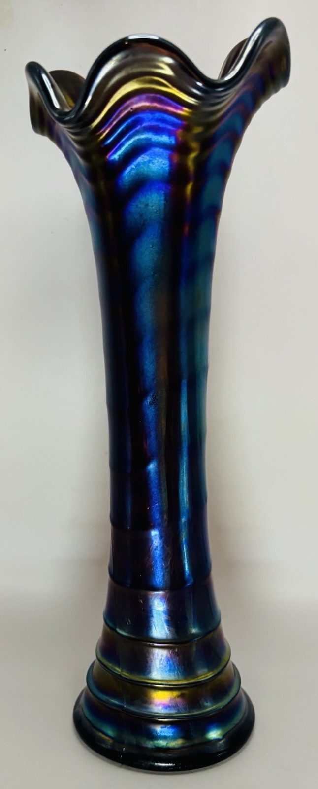 Electric Purple 10 1/2” Amethyst Cobalt Carnival Glass Vase Imperial Ripple