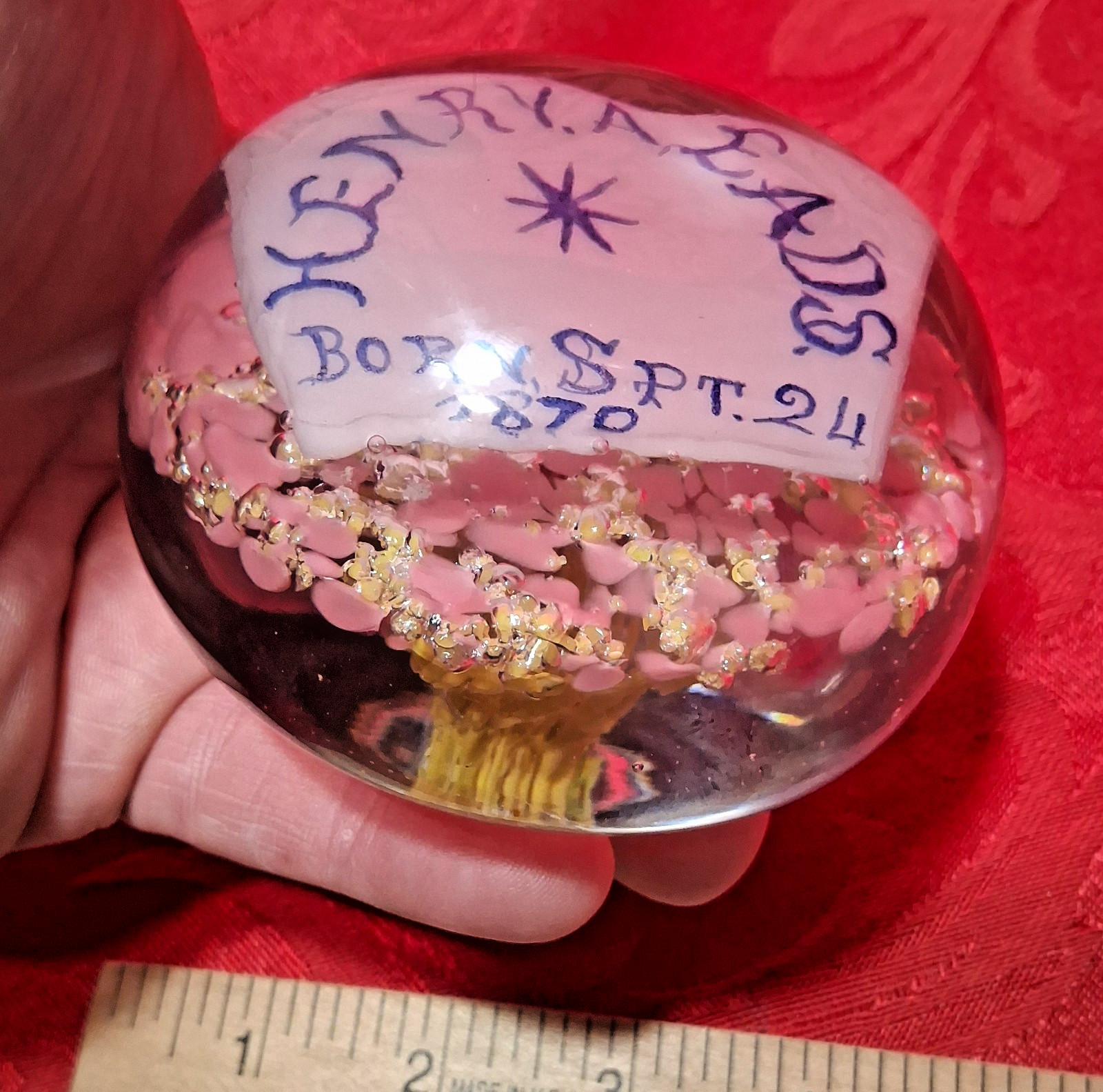 Rare Antique 1870 Birth Paperweight Folk Art Blown Glass 1of a kind Big 4″ 2lb