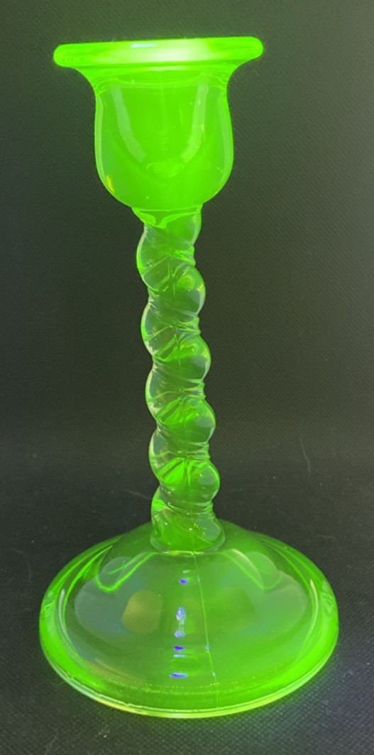 VTG Tiffin? Uranium Single Candlestick Holder 7″ Tall Spiral Twist GLOWS!