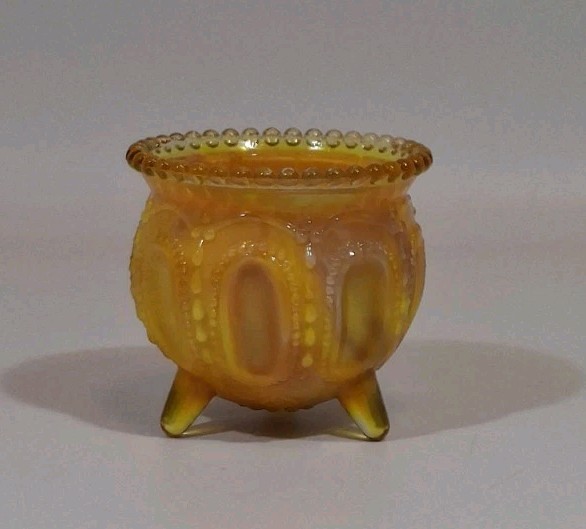 Boyd Glass Gypsy Pot Cauldron Toothpick Candle Holder Yellow Orange Slag UV Glow
