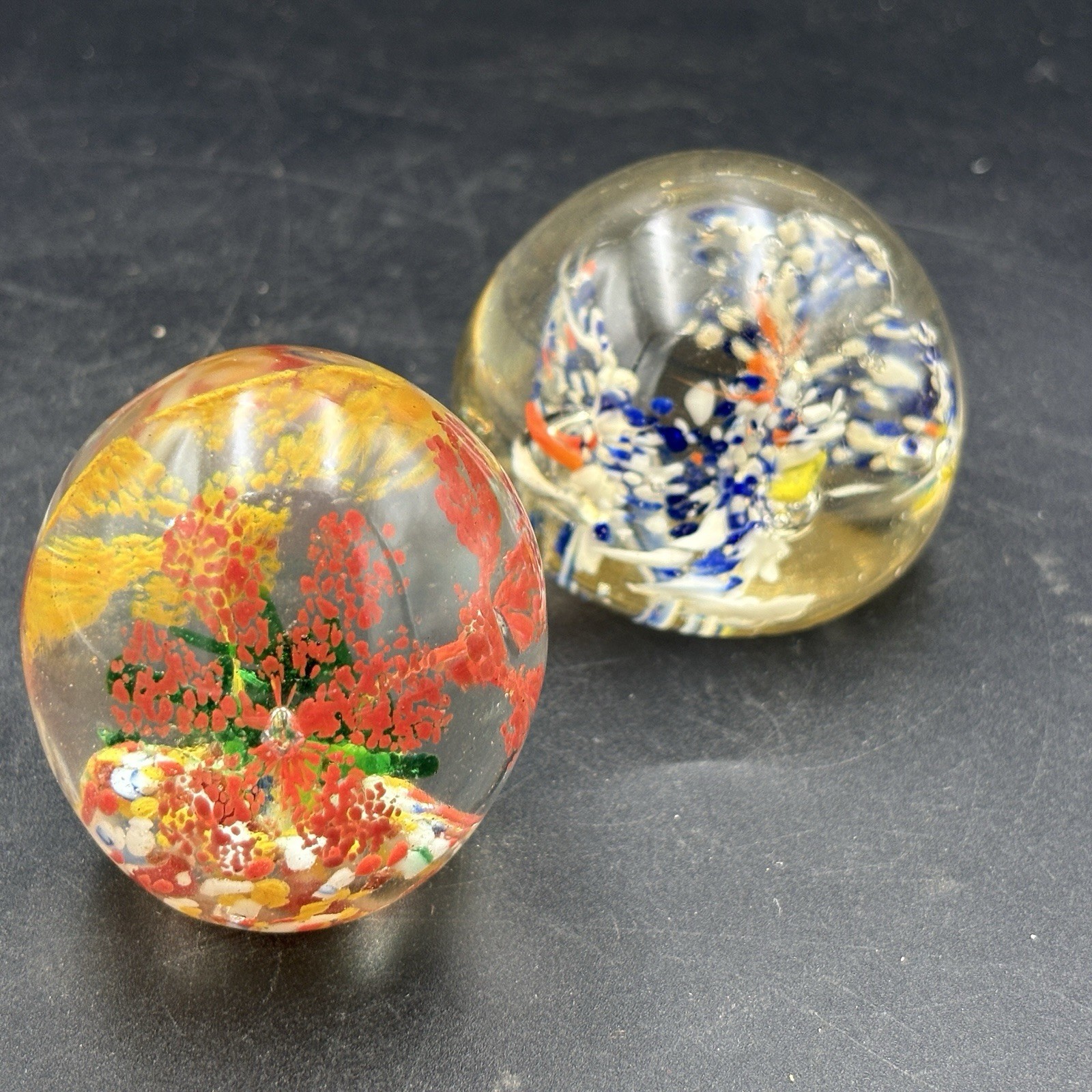 2 Art Glass Paperweights Abstract Flowers White Orange Blue Yellow 2.5″ See