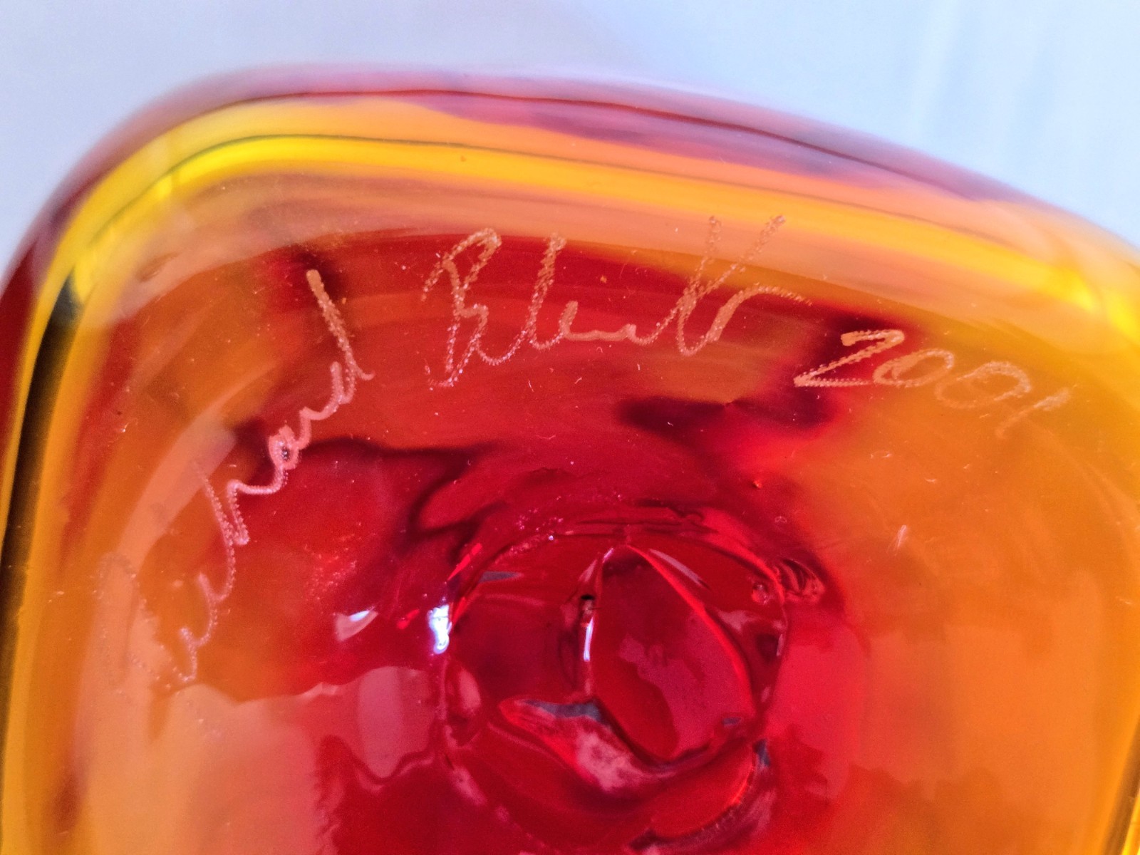 Signed Blenko Paper Bag Glass Vibrant Amberina Tangerine Vase, Rare 8.5″ High
