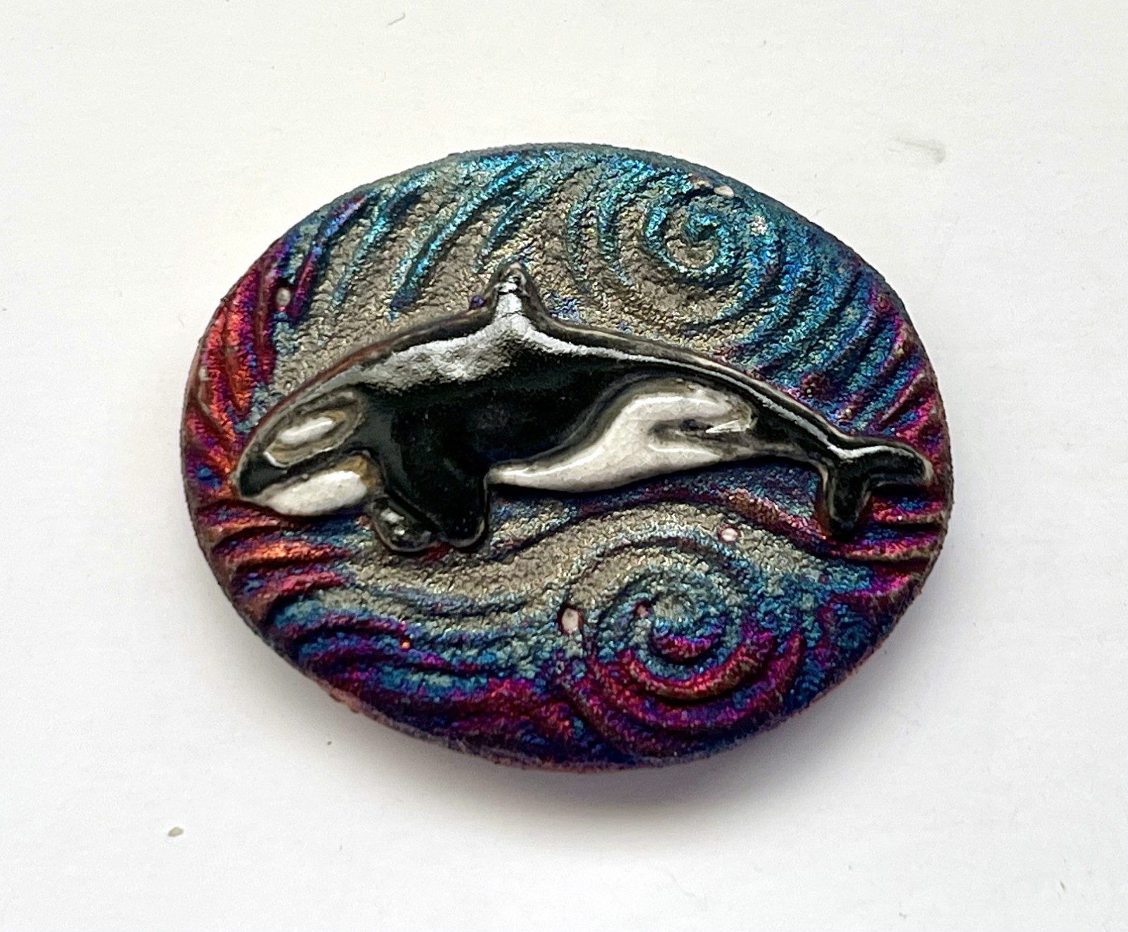 NEW Raku Pottery ORCA KILLER WHALE “I am Intuitive” MEDALLION Pocket Worry Stone