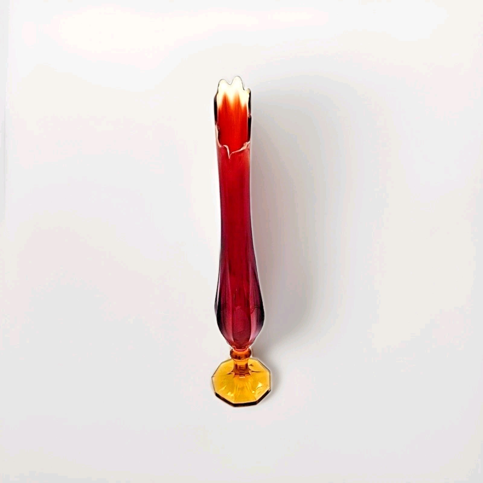 Large Vintage Swung Glass Vase Persimmon Petal Red Amberina Ribbed 22.5″